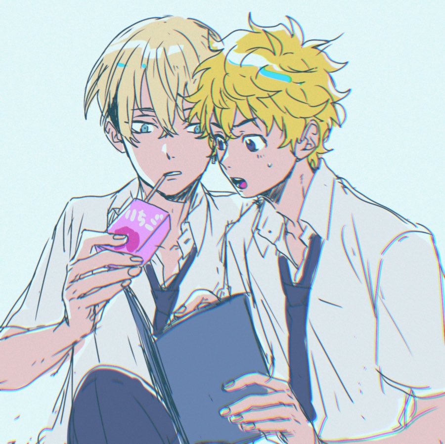 blonde hair 2boys multiple boys male focus drinking straw necktie juice box  illustration images