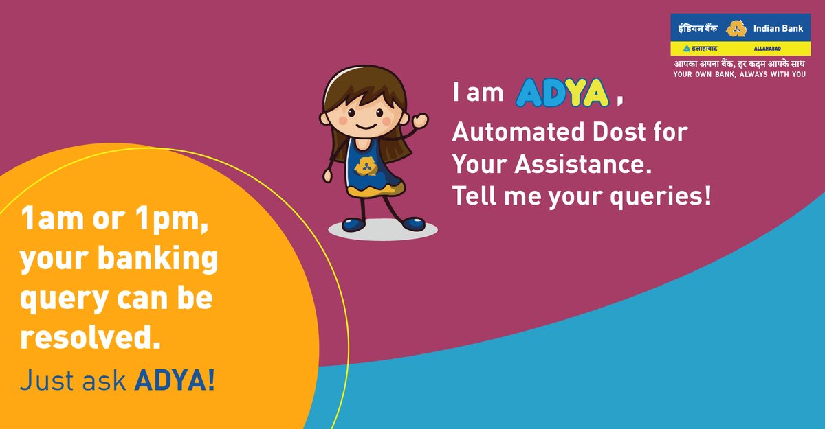 MyIndianBank's tweet photo. To provide you with 24x7 banking assistance is what we are here for. So whatever, whenever be your banking query, just ask away to ADYA. Head to our website and get started! https://t.co/8hH3nRnu0l
#IndianBank #GoDigitalWithIB #YourOwnBankAlwaysWithYou #Chatbot https://t.co/fjLymMmhvu