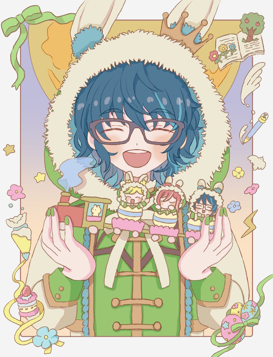glasses closed eyes blue hair hood smile open mouth ^ ^  illustration images