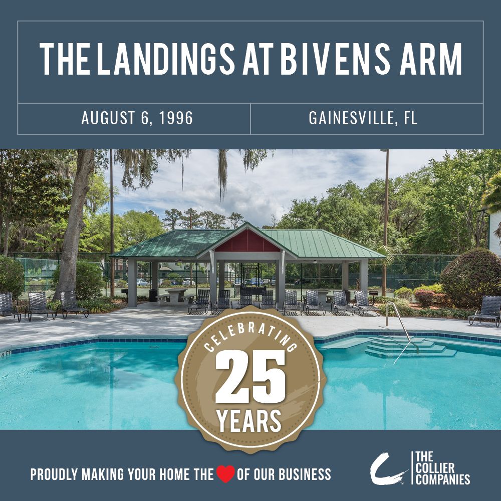 Today, we're celebrating 25 Years of The Landings at Bivens Arms Apartments in Gainesville, Florida! #TheCollierCompanies #MultifamilyDevelopment #MultifamilyHousing #PropertyManagement #RealEstate #Gainesville #GainesvilleApartments #StudentHousing