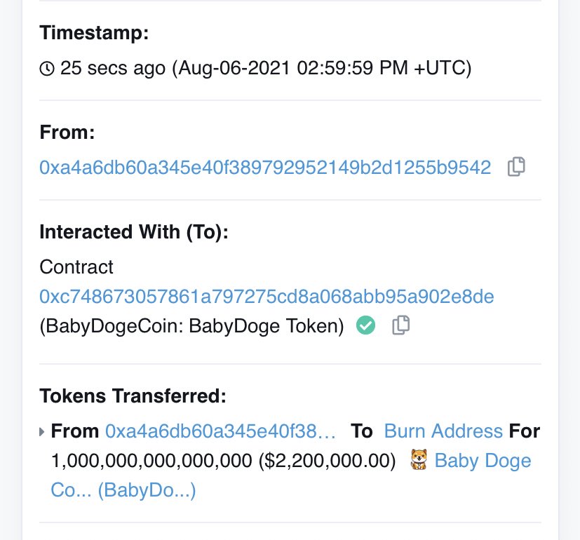 1 QUADRILLION BURNED🔥🔥

BSC scan says $2.2 million! 

#BabyDoge 

Proof of burn 👇

bscscan.com//tx/0xc3423bc3…