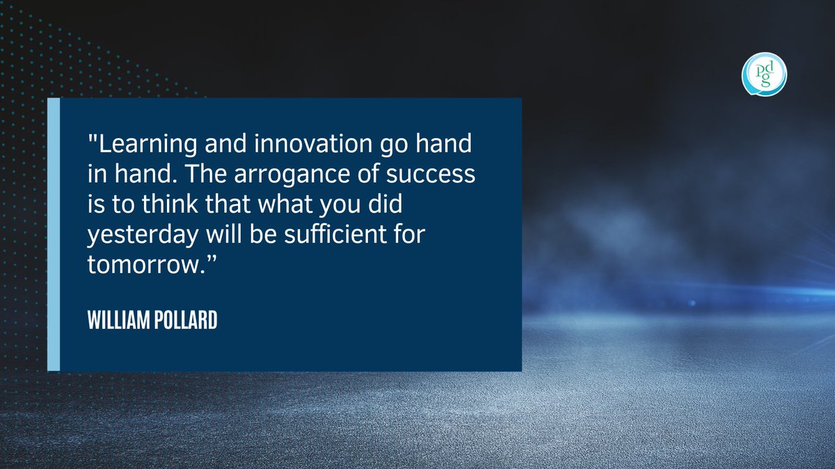 "Learning and innovation go hand in hand. The arrogance of success is to think that what you did yesterday will be sufficient for tomorrow.” -#WilliamPollard

#Quote #QuoteOfTheDay #QuotesMotivation #Inspiration #MotivationalQuotes #Success #InspirationalQuotes #Leadership