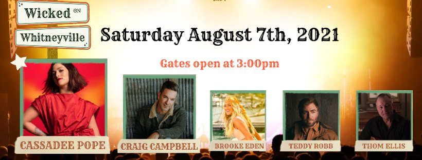 Wicked on Whitneyville starts tomorrow at 4:20 p.m. at Nighthawk Grille &amp; Bar in Alto! Enjoy 5 acts including Craig Campbell and Cassadee Pope and supporting a great cause! More information and tickets can be purchased at wickedonwhitneyville.com and at the gate!