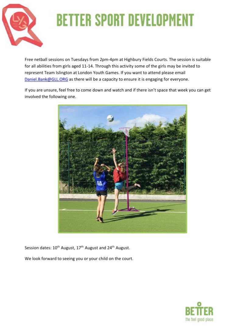 There is free community netball on Highbury Fields courts the next 3 Tuesdays. Girls aged 11 to 14 @fusionnetballlondon  Stay involved this summer.