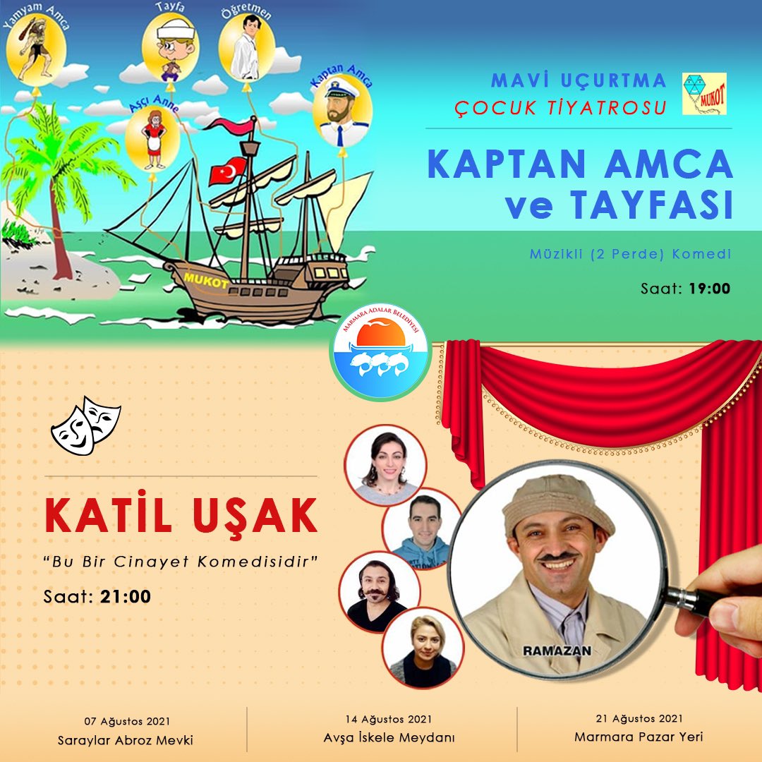 suleymanaksoy_1's tweet photo. İki oyun birden 🎭
👉🏼Kaptan Amca ve Tayfası (Çocuk Tiyatrosu)
👉🏼 Katil Uşak
7 Ağustos Cumartesi
📍#Abroz Masal Park
⏰ 19.00 ve 21.00
14 Ağustos Cumartesi
📍#Avşa İskele Meydanı
⏰ 19.00 ve 21.00
21 Ağustos Cumartesi
📍#Marmara Pazar Meydanı
⏰ 19.00 ve 21.00 https://t.co/JLVzd1n6Fp