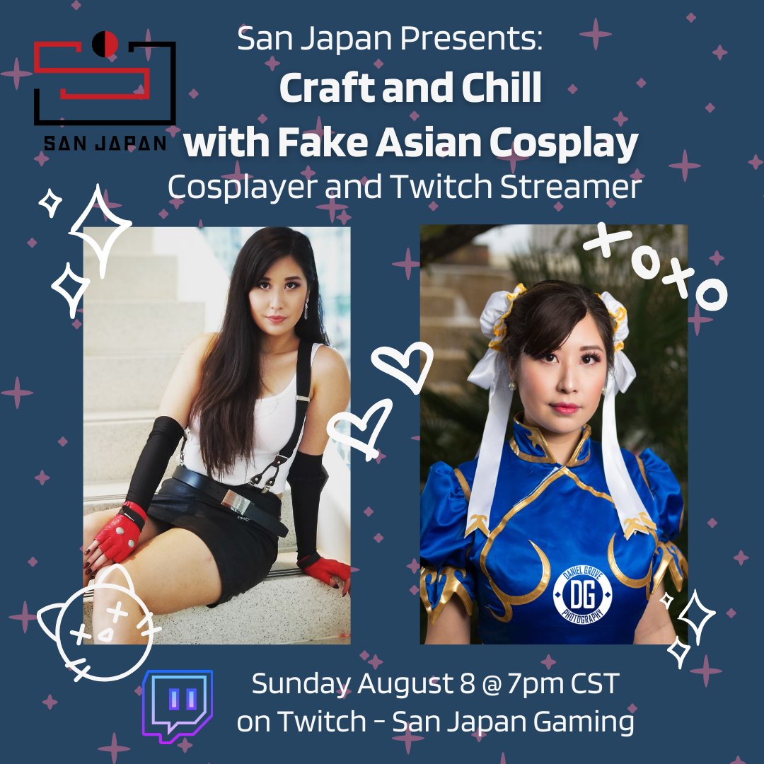 SanJapan's tweet photo. This week, our #SanJapan Community Spotlight stream welcomes Clarrissa AKA FakeAsianCosplay for some wholesome cosplay chat! Join us Sunday at 7pm | https://t.co/5suiMDH7zi | Instagram: @sincerelyclary  @fakeasiancos | Twitch: https://t.co/H2etCpWBhK https://t.co/AnEnYnFdxN