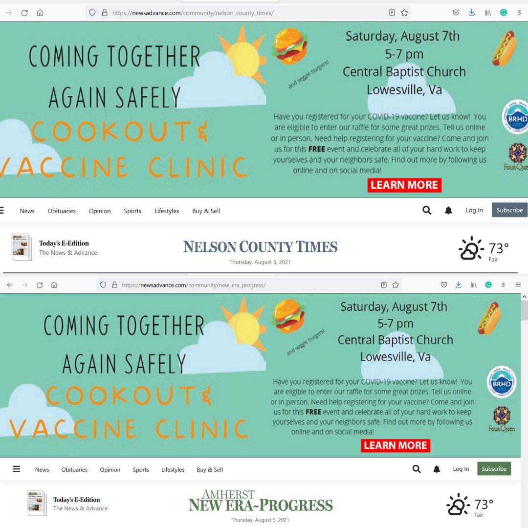 FourOxen's tweet photo. Banners of local newspapers!

Please share: 
Sat. 8/7 from 5-7pm
Central Baptist Church  
Lowesville, VA
#covidstopswithme #fouroxen #rallytheherd #vaccinatevirginia #virtualinternship #ruralhealth #covid19 #ruralhealthaccess #ruralhealthequity #covid19vaccineaccess #healthforall https://t.co/Tc9zCHCDPb