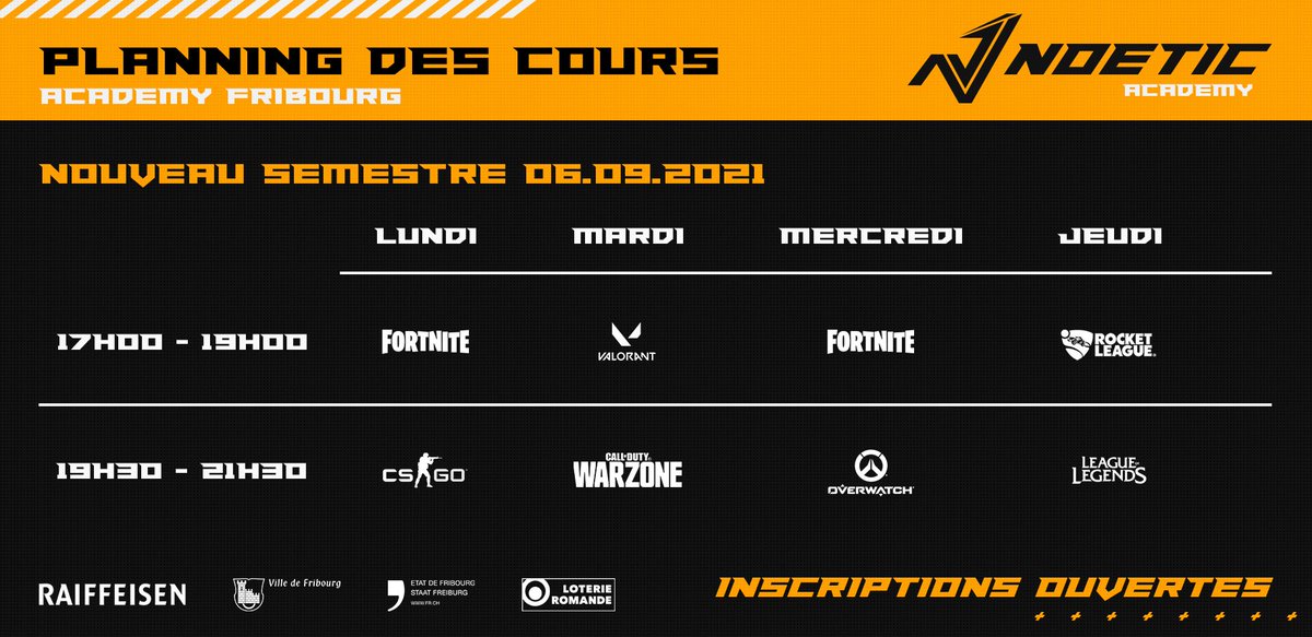 ǁ Academy ǁ

Le lundi 6 septembre 2021, nous lançons un nouveau semestre au sein de notre académie de Fribourg. Nous invitons donc toutes les personnes intéressées à prendre contact avec nous par mail à l'adresse suivante : academy@noetic.gg 

Ci-joint, le planning de nos cours.