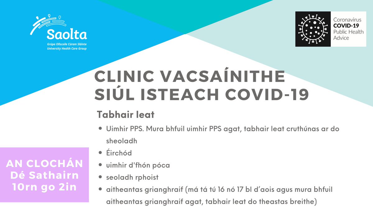 An bhfuil tú sa gClochán an deireadh seachtaine seo? Mura bhfuair tú an chéad dáileog den vacsaín Covid-19 fós,tar isteach chuig ár gclinic i bPobalscoil an Chlocháin idir 10rn agus 2in. Ní gá clárú. Brúigh anseo le haghaidh tuilleadh eolais 🔗bit.ly/37mkUCA