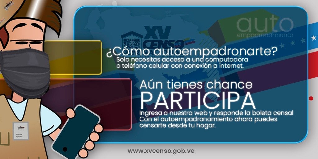 En medio de la pandemia por la COVID-19, Venezuela avanza en el desarrollo del #XVCenso Nacional de Población y Vivienda

A través del autoempadronamiento ahora te puedes contar 

#Autoempadrónate #BolívarAdmirable #6agosto