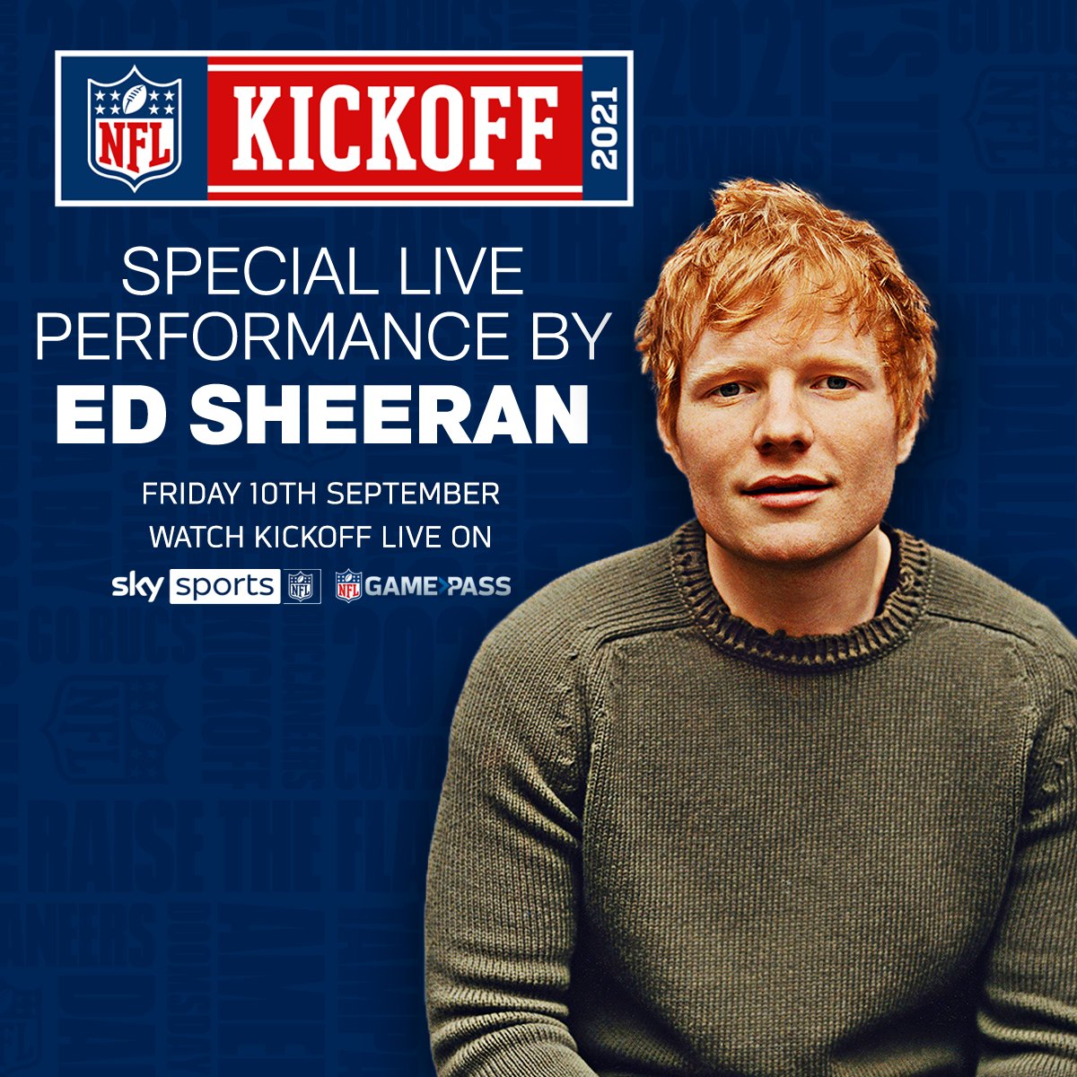 NFLUKIRE's tweet photo. As if you needed anything else to be excited about for kickoff🤩
We're just 𝘁𝗵𝗶𝗻𝗸𝗶𝗻𝗴 𝗼𝘂𝘁 𝗹𝗼𝘂𝗱 here... but @edsheeran who are you backing @Buccaneers or @dallascowboys?
Watch Kickoff Live on @SkySports NFL and NFL Game Pass
#NFL #NFUK https://t.co/klLohD0e3H
