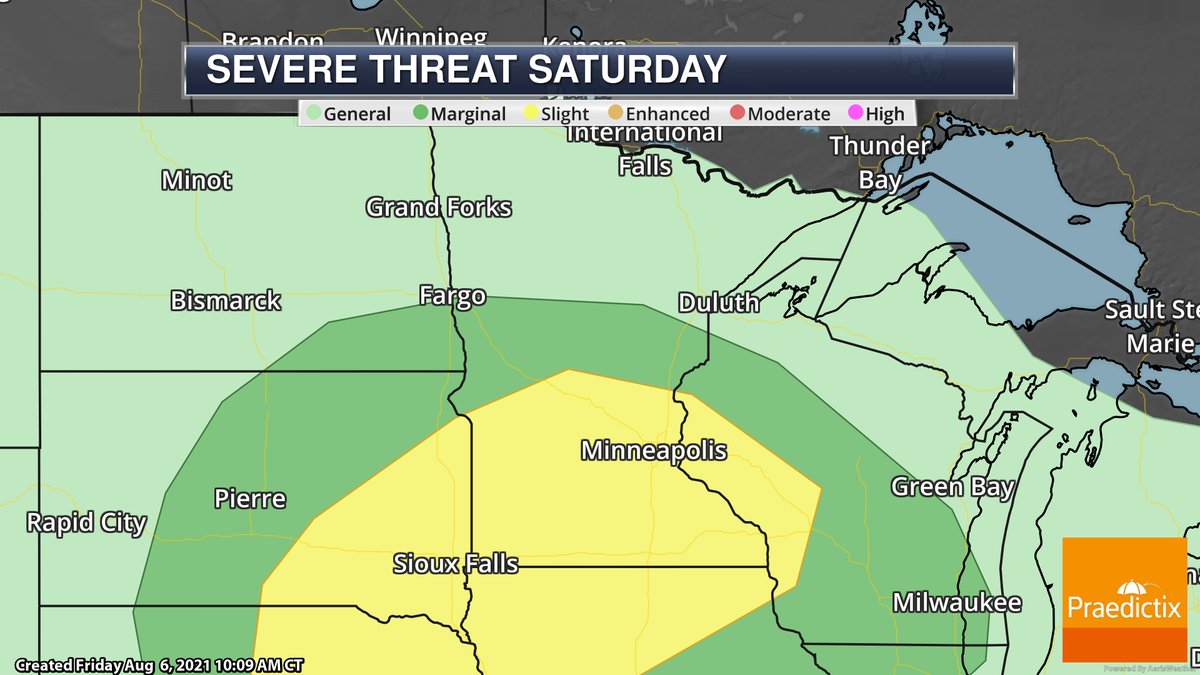 Watching the severe weather threat across central and southern Minnesota Saturday/Saturday Night with a Slight Risk (threat level 2 of 5) in place. Large hail and damaging winds are the main threats, but a few tornadoes can't be ruled out. #mnwx https://t.co/iuL6cLWngp