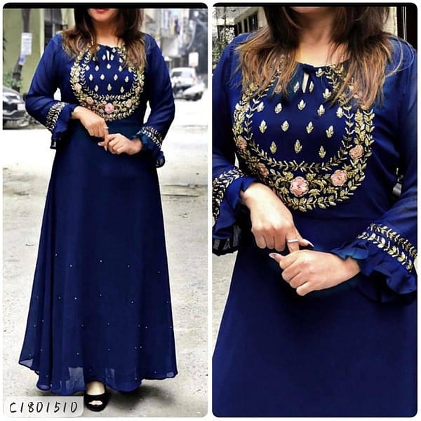 *Catalog Name:* Women's Georgette Embroidery Gown

*Details:*
Product Name: Women's Georgette Embroidery Gown
Package Contains: 1 Piece Of Gown
Size In Inches: 44
Fabric: Georgette
Color: Blue
Pattern: Embroidery
Style: Fit &amp; Flare
Occasion: Party
Combo Of: Pack of 1