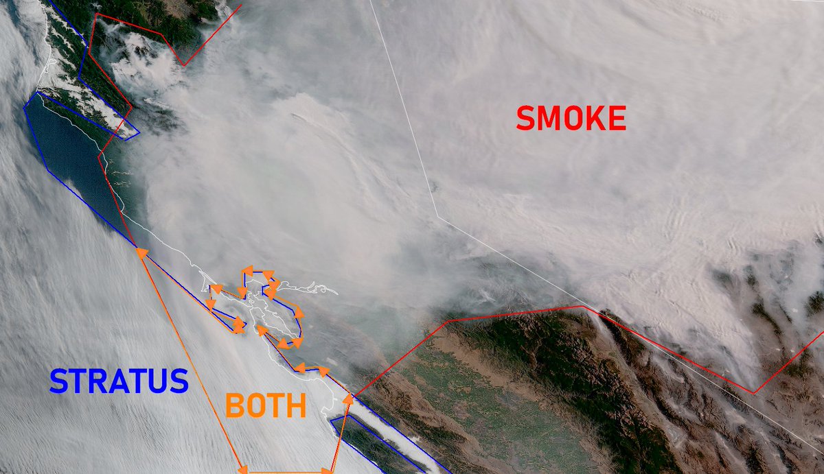 NWSBayArea's tweet image. As expected, smoke has arrived from the north and is over the area this morning. Yet, most of this smoke is suspended in the mid levels with less near the surface.
This morning's geocolor imagery shows both smoke and stratus over the region. Can you spot the differences?