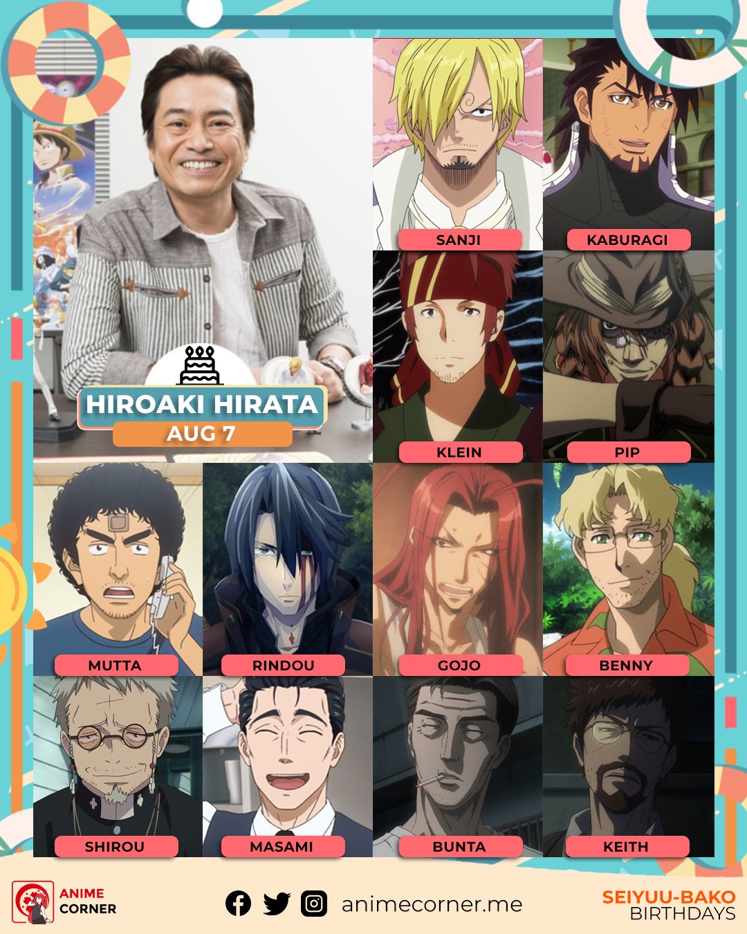 Anime Corner on X: Happy 58th birthday to Hiroaki Hirata! 🥳 He is the voice  actor of iconic characters like Sanji from One Piece, Kotetsu T. Kaburagi  from Tiger & Bunny, Ryotaro 