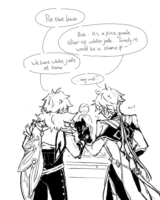 How Kaeya interacts with other members of my main team :)

Kaeya refuses to be Zhongli's wallet anymore, Xiao learning how to run away from reality in a healthy way, and Qiqi just thinks Kaeya is her personal cooler <3 