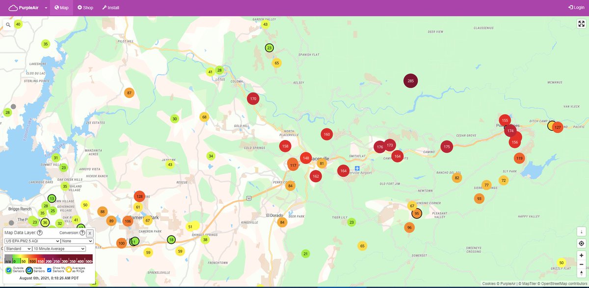 EDCAQMD's tweet photo. With drift smoke moving in, check the current PM2.5 conditions in your area by using the Purple Air network of sensors.  
Use the "USA EPA" filter in the 2nd box in the legend to get an equivalent reading to official monitors.

Purple Air map for EDC area: https://t.co/f3ubD3Q8wf https://t.co/MGNVFqumrK