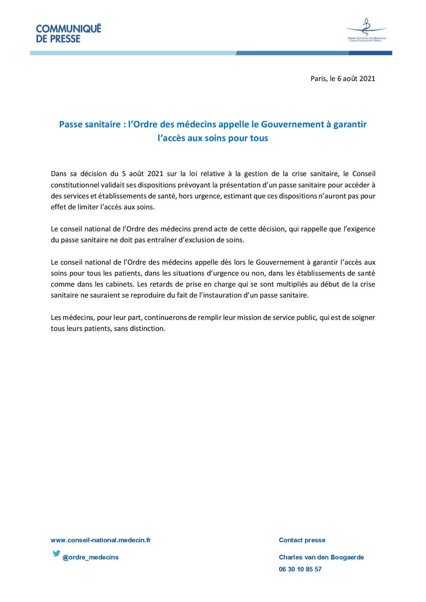 [Communiqué] 

Passe sanitaire : l’Ordre des médecins appelle le Gouvernement à garantir l’accès aux soins pour tous⤵️