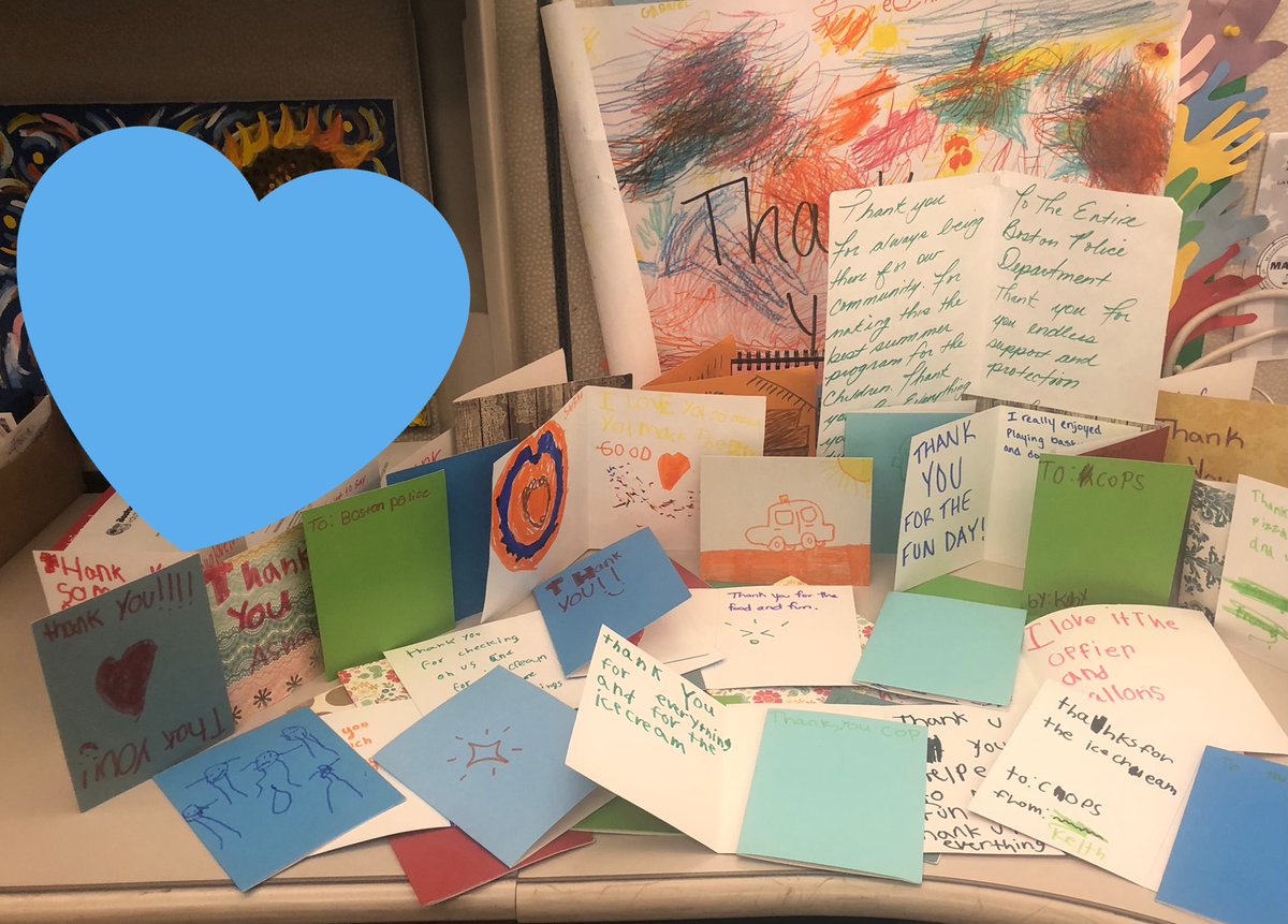 BCEengagement's tweet photo. This is the impact of just ONE day of #commUNITYpolicing ! The officers of @Bostonpd_B3 & @BCEengagement thank YOU @BostonParksDept #almontpark sports camp ! 50+ cards from #ouryouth definitely made our day! #whyweserve #districtB3 #engagementeveryday @bostonpolice https://t.co/Wv9gTCCPY1