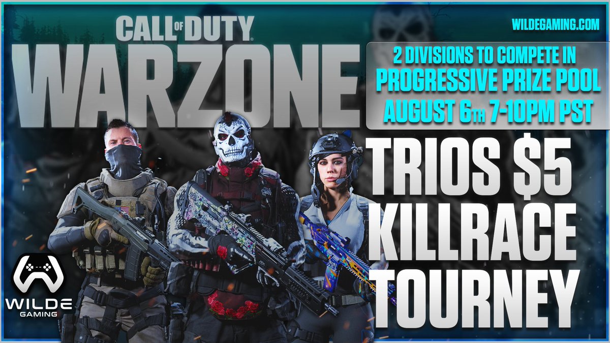 GamingWilde's tweet photo. AMATEUR WARZONE PUBLIC KILLRACE TOURNAMENT!
So each 3 team+ division winner will win $45! and progressive up from there.
https://t.co/uRLET8xy5c for only $5 a player!

WARZONE Trios
August 8th, 2021
7-10 PM PST PACIFIC 
TRIOS Killrace
Team KD:
LOW: 3.3 KD Max
MID: 5.0 KD Max https://t.co/jv5VeEwDbk