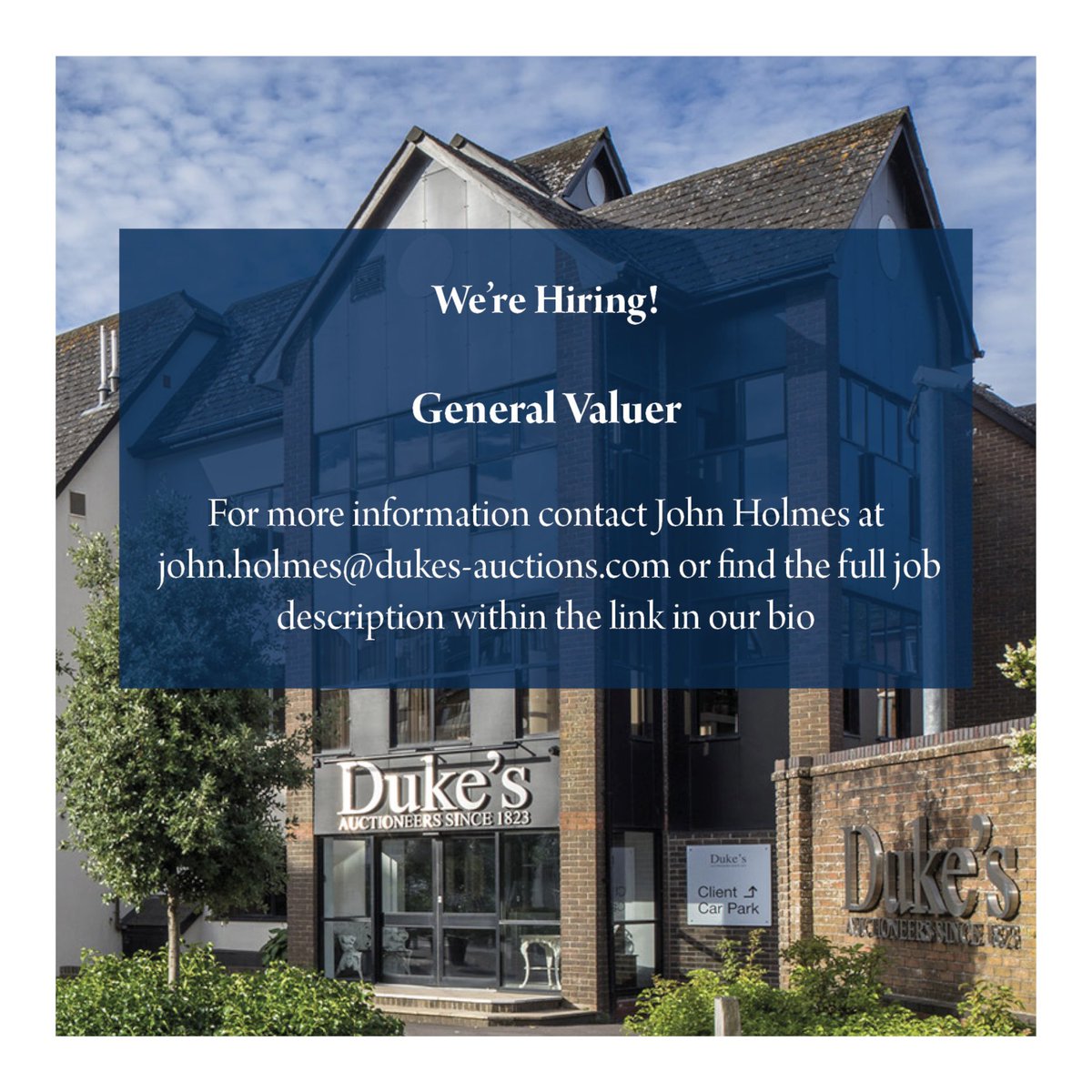 We’re hiring!

Duke’s is looking for a General Valuer.

If you would like to join our team, please send any applications to john.holmes@dukes-auctions.com or find more information and the full job description follow the link in our bio.
#dukesauctioneers #atg #jobsearch