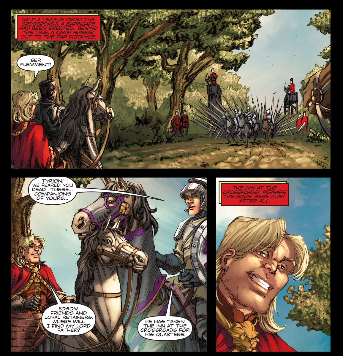 AltSchwiftX's tweet photo. In the official A Game of Thrones graphic novel adaptation, not only is Flement Brax's name misspelled, but his helmet is missing the glorious two-foot-long spiral unicorn horn described in the books.
I demand immediate rectification of this travesty #JusticeForFlement🦄 https://t.co/3rWrL7m1hi