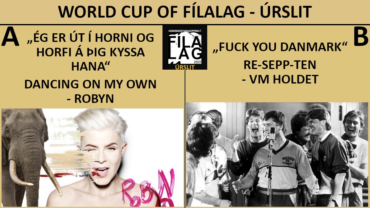 World Cup of Fílalag - úrslitaviðureignin!

Þá er komið að sjálfum úrslitaleiknum. Keppnin stendur yfir þangað til klukkan 20:00 á mánudagskvöldið.

🇸🇪 vs. 🇩🇰
Robyn vs. VM Holdet
Dancing On My Own vs. Re-Sepp-Ten

Spotify-playlisti: open.spotify.com/playlist/5ugPZ… 

Kosning í næsta tísti
