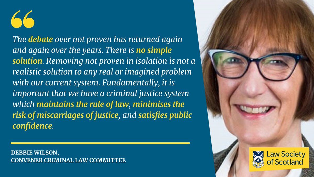 Lawscot's tweet image. Looking for some weekend reading? Our analysis of over 1,000 responses from Scottish solicitors to our survey on the #notproven verdict is now online. Read the report and comments from our Criminal Law Committee convener Debbie Wilson on our website: lawscot.org.uk/news-and-event…