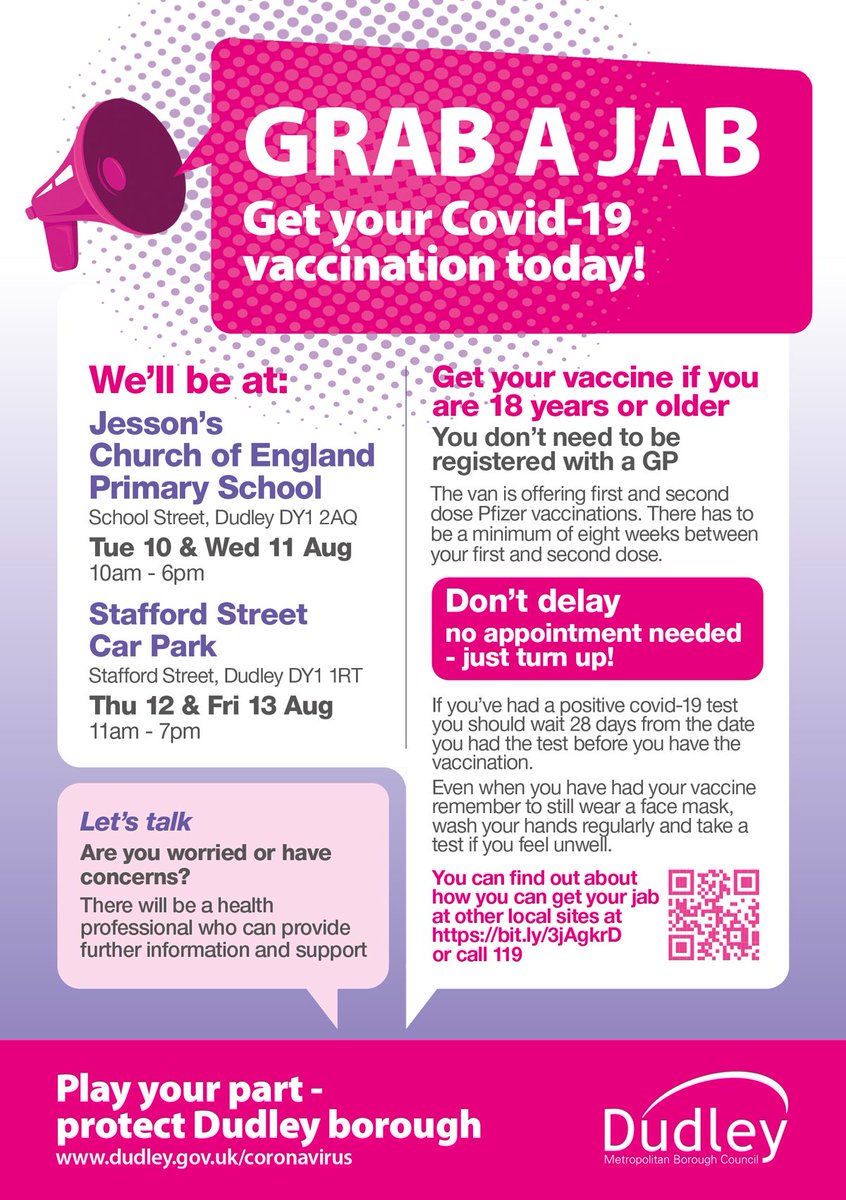 Latest locations for the vaccine van in Dudley. Please get your jab!