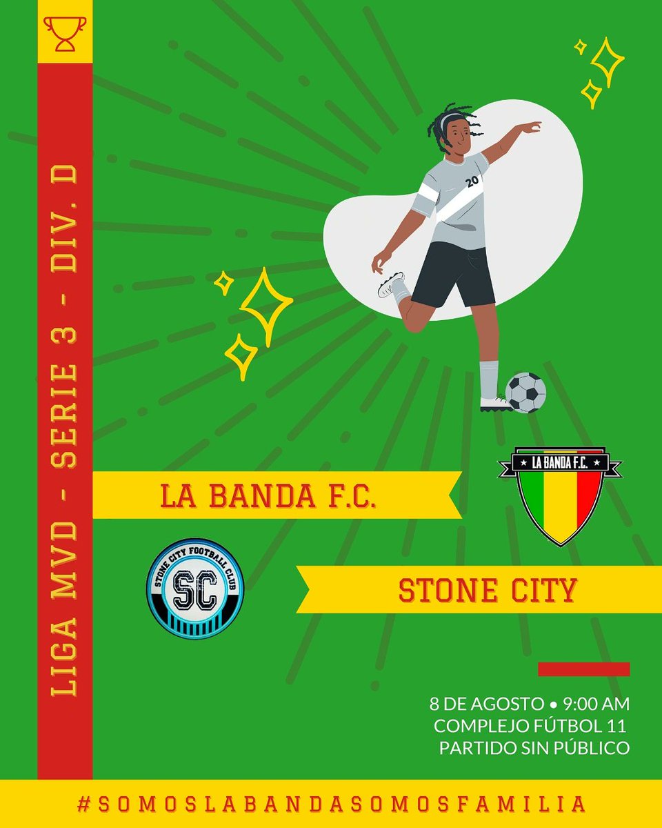 Este domingo nos enfrentamos a <a href="/StoneCityFC1/">Stone City F.C</a> por la cuarta fecha del Apertura, nos vemos ahí 🤟💪

#SomosLaBandaSomosFamilia