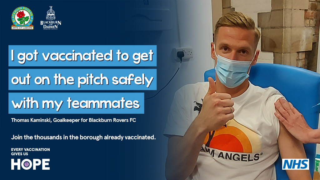 If you're at Ewood Park tomorrow keep an eye out on the big screen!👀

<a href="/Rovers/">Blackburn Rovers</a> players are fronting a campaign to encourage people to get vaccinated.

The lads have 'joined the thousands' across the borough by getting jabbed. Will you? 

Find out more: bit.ly/3fEvzNp