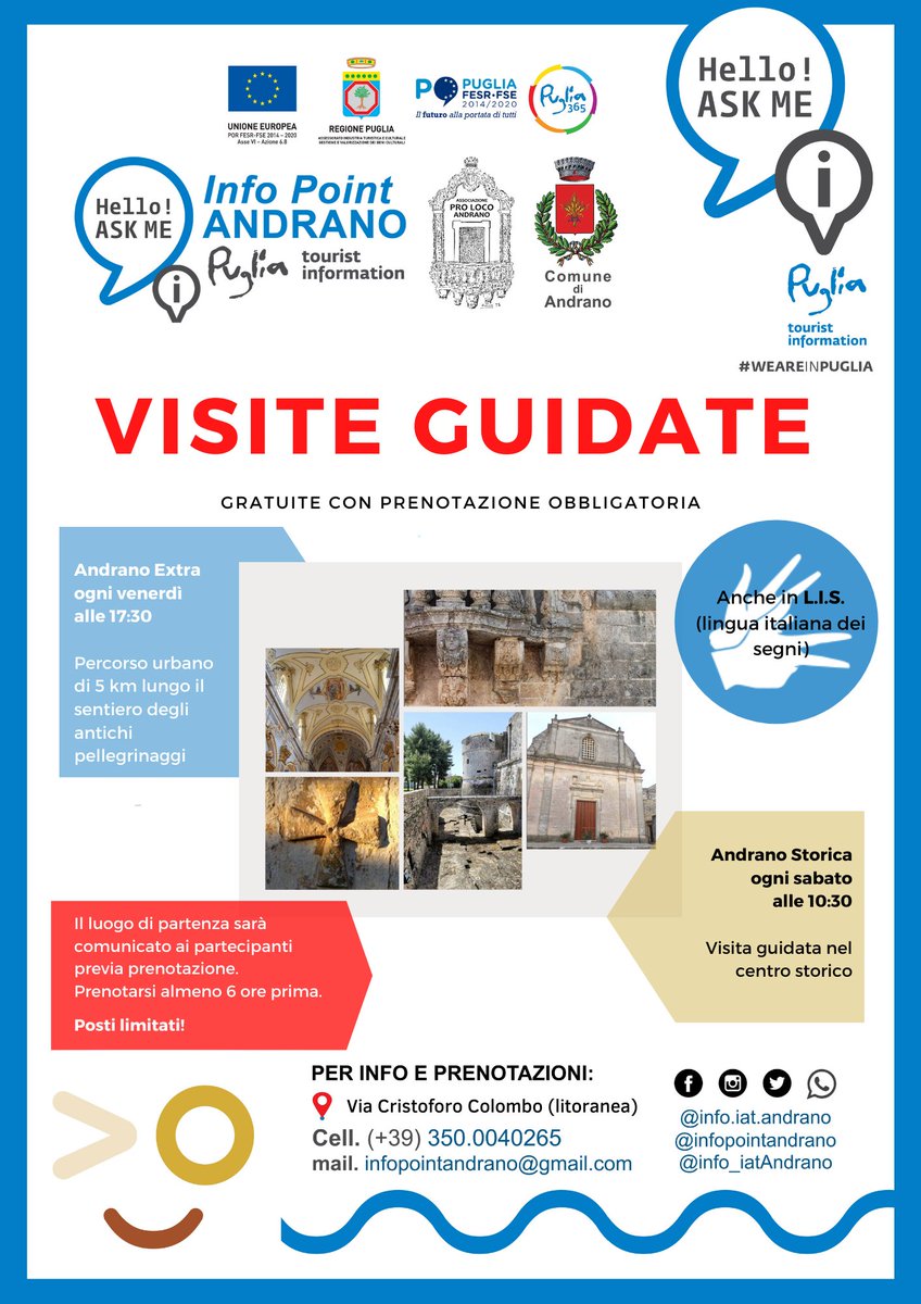 Info_iatAndrano's tweet photo. ➡️VISITE GUIDATE⬅️

PER INFO E PRENOTAZIONI
📍Via Cristoforo Colombo (litoranea), Marina di Andrano 
☎ 350 0040265
📧infopointandrano@gmail.com
#weareinpuglia #puglia365 #viaggiareinpuglia #visitandrano #touristinformation #helloaskme #infopointandrano #prolocoandrano https://t.co/1AKQufBMEM