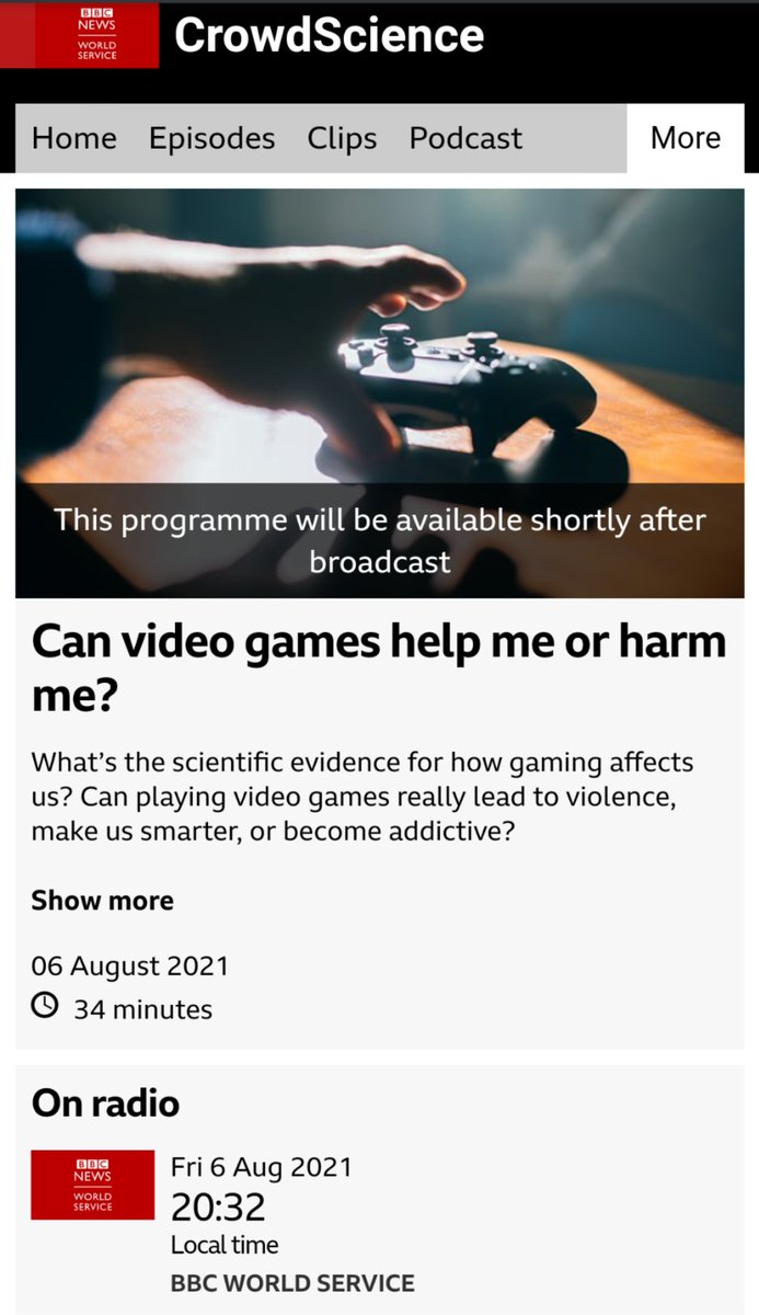 dr alex (@thermoflynamics) on Twitter photo Tonight's #CrowdScience has <a href="/anandjagatia/">Anand Jagatia</a> & I going beyond the clickbait headlines and finding out what science 𝙖𝙘𝙩𝙪𝙖𝙡𝙡𝙮 has to say about the effects video games have on us 🎮
Listen wherever you are on <a href="/bbcworldservice/">BBC World Service</a> at 20:30 UK time
bbc.co.uk/programmes/w3c… Tonight's #CrowdScience has <a href="/anandjagatia/">Anand Jagatia</a> & I going beyond the clickbait headlines and finding out what science 𝙖𝙘𝙩𝙪𝙖𝙡𝙡𝙮 has to say about the effects video games have on us 🎮
Listen wherever you are on <a href="/bbcworldservice/">BBC World Service</a> at 20:30 UK time
bbc.co.uk/programmes/w3c…