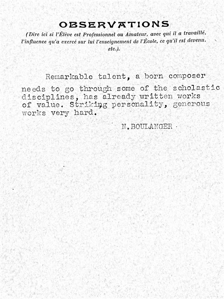 “Remarkable talent, a born composer / needs to go through some of the scholastic disciplines, has already written works of value. Striking personality, generous / works very hard.” —Nadia Boulanger’s comments on her pupil Julia Perry’s student card at Fontainebleau, 1952 🎼✨