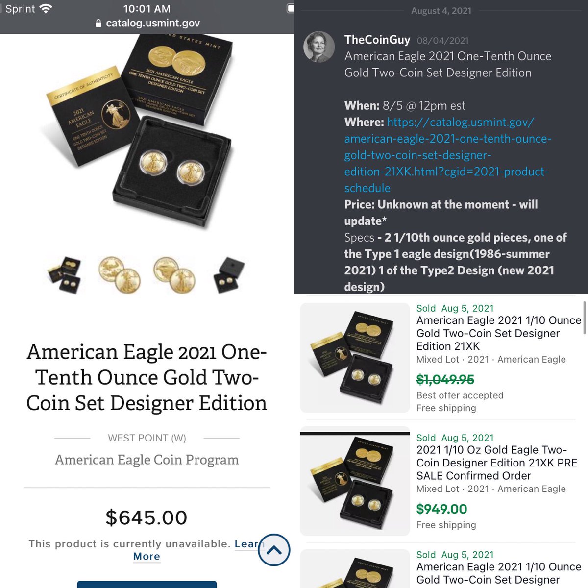 Yesterday, these 2021 American Eagle Gold-Set coins were released via the U.S. mint website for a retail price of $645. Members knew in advance that these would be profitable, and bought in. 

Just one day later, and pre-orders for these are selling for $950+ 🚀.