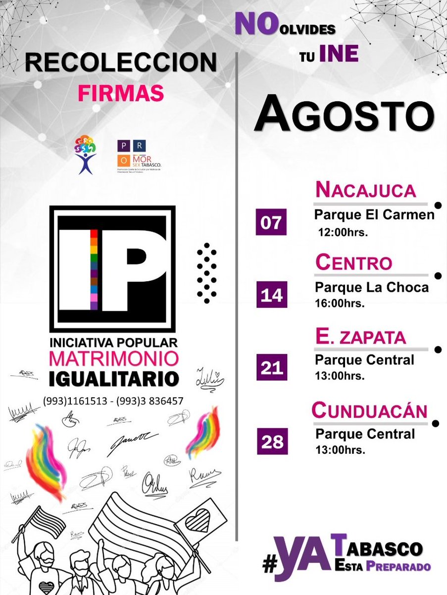 Promorsextab's tweet photo. Conoce las fechas de Agosto 📆
 y los Municipios donde estaremos ¡Corre la voz!  ✍🏻🏳️‍🌈
#Nacajuca #Centro #EmilianoZapata #Cunduacan 

Iniciativa Popular
Matrimonio Igualitario #Tabasco 
#YATABASCO esta preparado 

👨‍🔬👨‍🏭🙋🏾‍♂️👨🏻‍🦱👮‍♀️👨‍🔧👷‍♂️🙋👨‍🍳👨‍🏫
 ¿Y tu ya firmaste? 🗣️
No olvides tú INE https://t.co/zim87rY89W