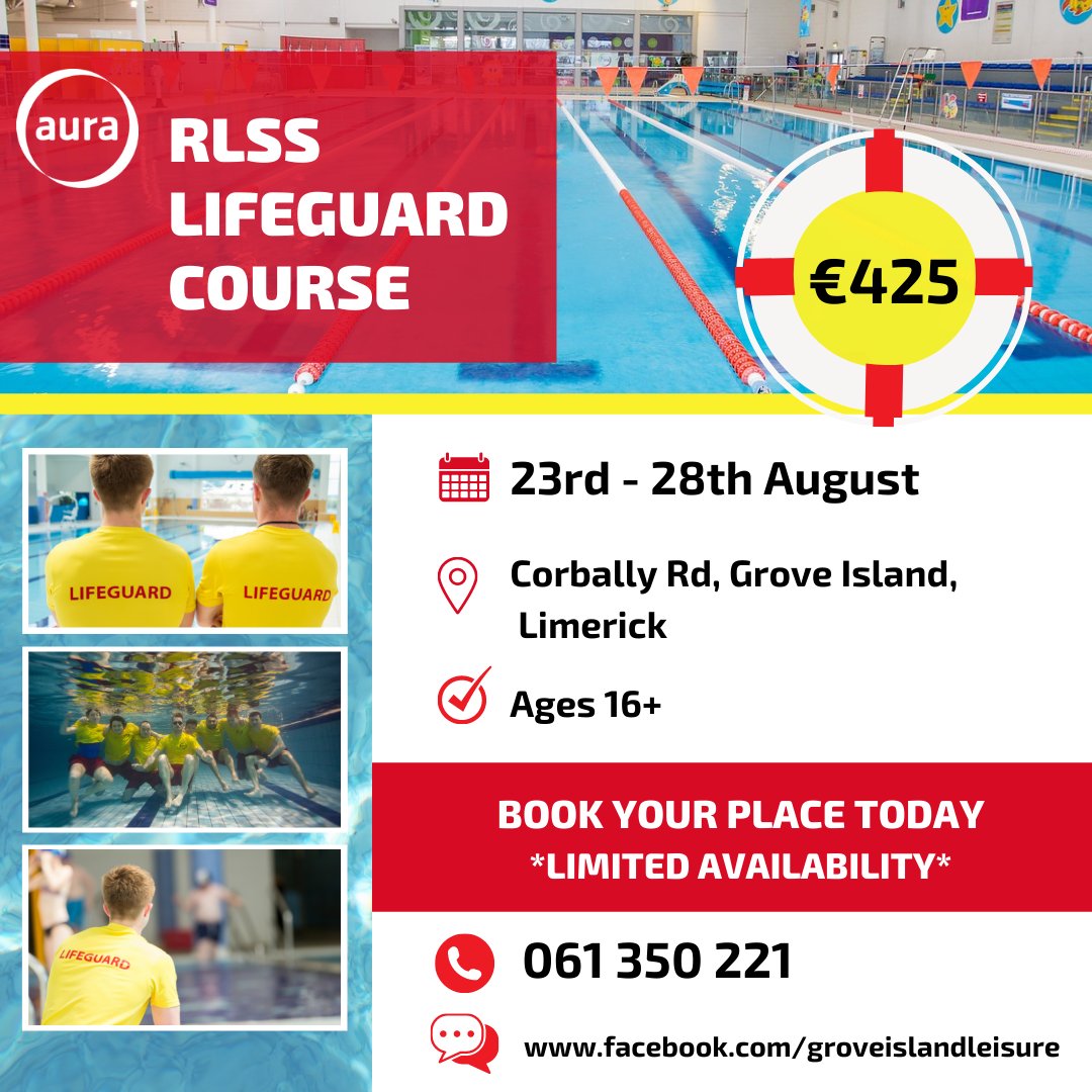 AuraLeisureIrl's tweet photo. Get in the right lane and join us at Aura Grove Island for our upcoming RLSS Lifeguard Course! ๐ If you're looking for personal or professional development why not call Aura Grove Island today on 061350221๐ #AuraLeisure #lifeguardcourse https://t.co/Z6Ym7930u1