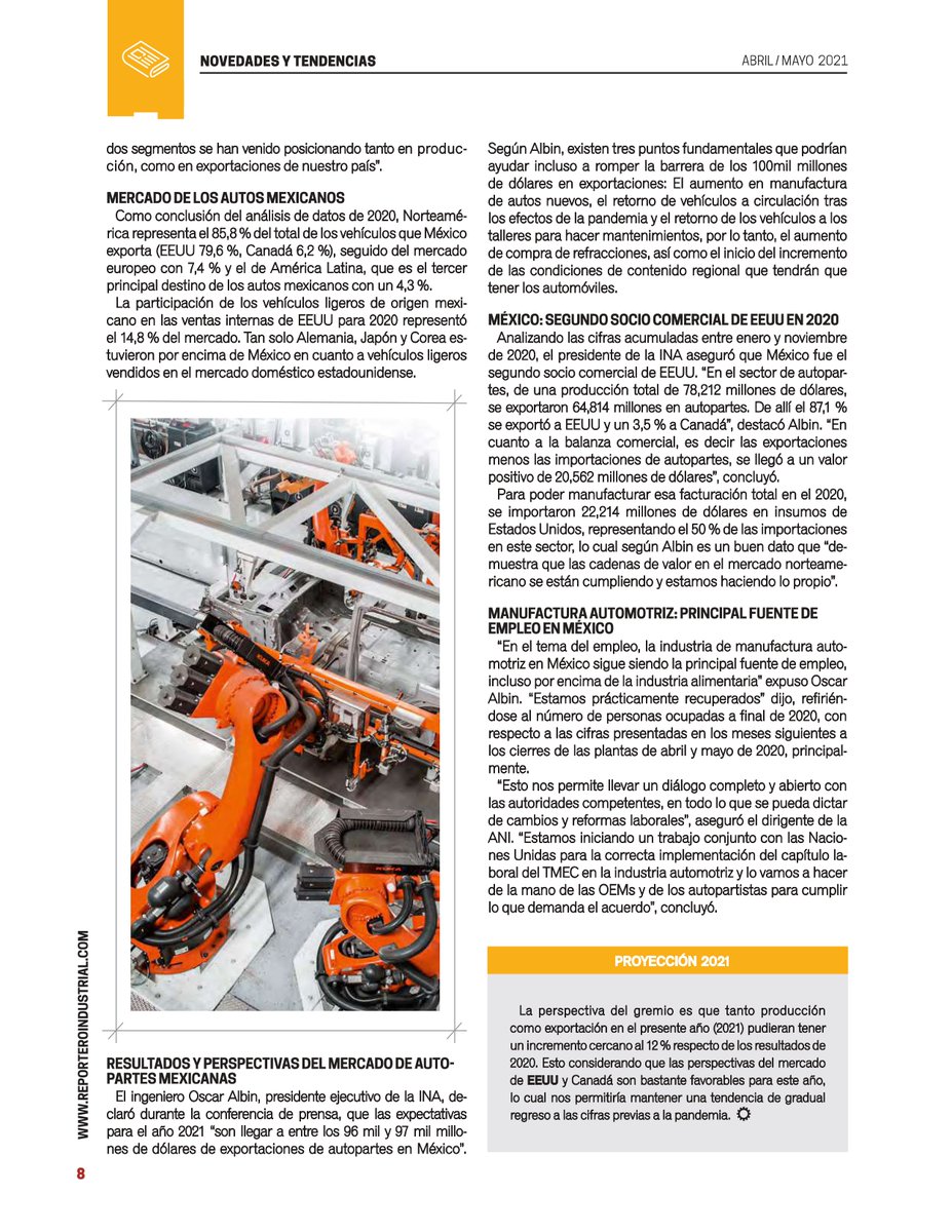 #IndustriaAutomotriz 🚗
Los representantes #gremiales esperan una #recuperación cercana al 12% en producción y exportación para la industria automotriz mexicana este año. 🇲🇽
Lea la revista digital aquí: reporteroindustrial.com/revista-digita…