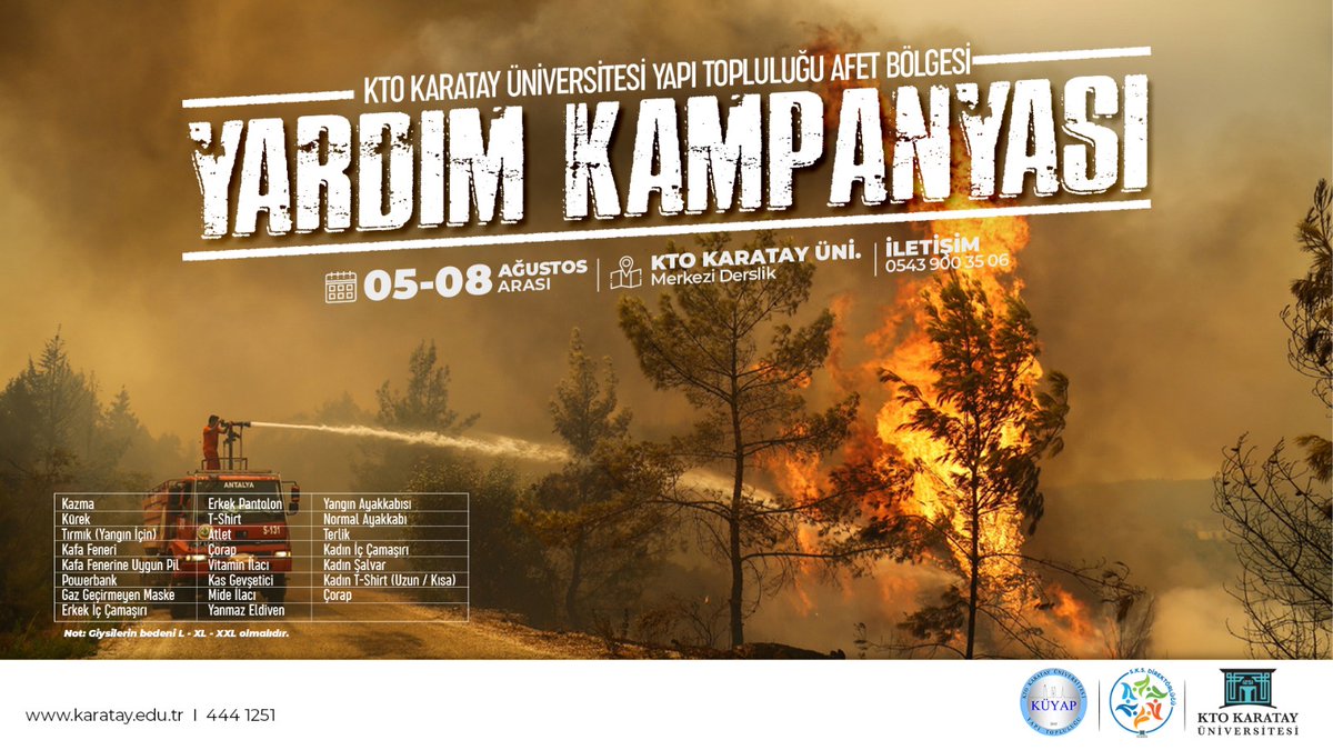 KTO Karatay Üniversitesi Yapı Topluluğu tarafından yardım kampanyası başlatıldı. İletişim için:  0543 900 3506 
@KUYAP1251