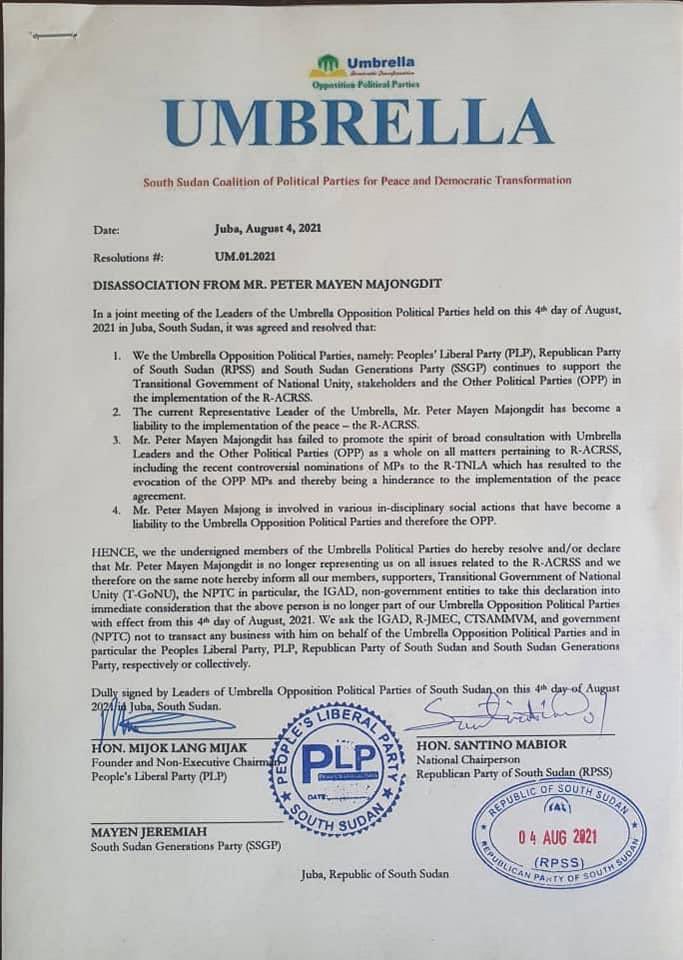 WaniMichael57's tweet photo. Hon. Peter Mayen Wën Majongdit fired by his Party “The People’s Liberal Party” (PLP) and also the Umbrella of Political Parties. Both dismissals were approved by Other Political Parties (OPP). 

What’s next? Will the President act or remain silent. 

#SSOT https://t.co/tInA9foc4T