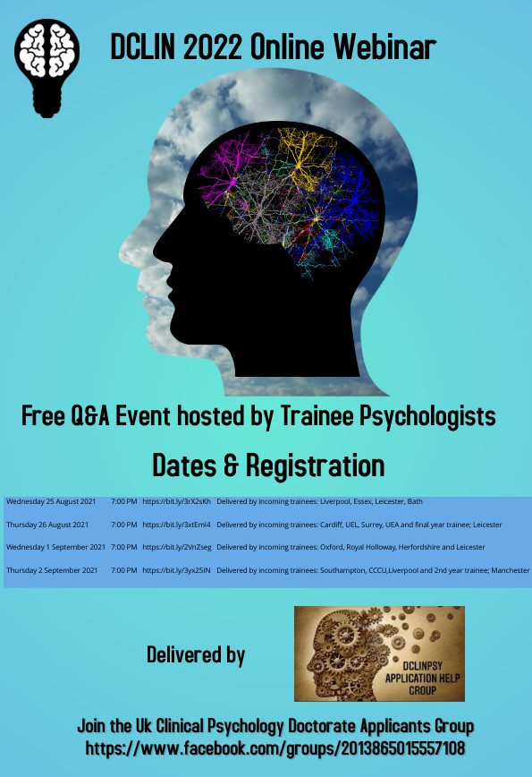 Hey everyone. The DCLIN Webinar will be running again this year. 

It will be delivered over Teams. The link below will take you to the registration form, once filled out the link to the event will be emailed over.

#dclin #psychology #doctorate #clinicalpsychology