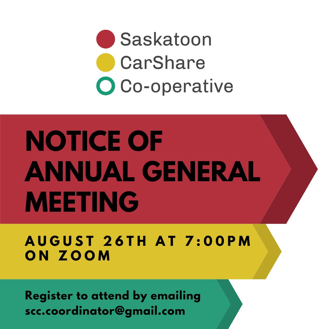 *BEEP BEEP*
Join us for the Saskatoon CarShare Co-operative's AGM - Thursday, August 26th @ 7PM - mailchi.mp/c676a309d1c7/a…