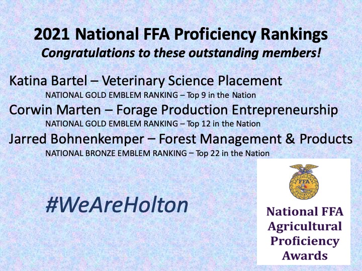 holtonFFA's tweet photo. Great job to the following students for receiving national rankings on their FFA proficiency awards! @WeAreHolton https://t.co/dxvEmhW9v9