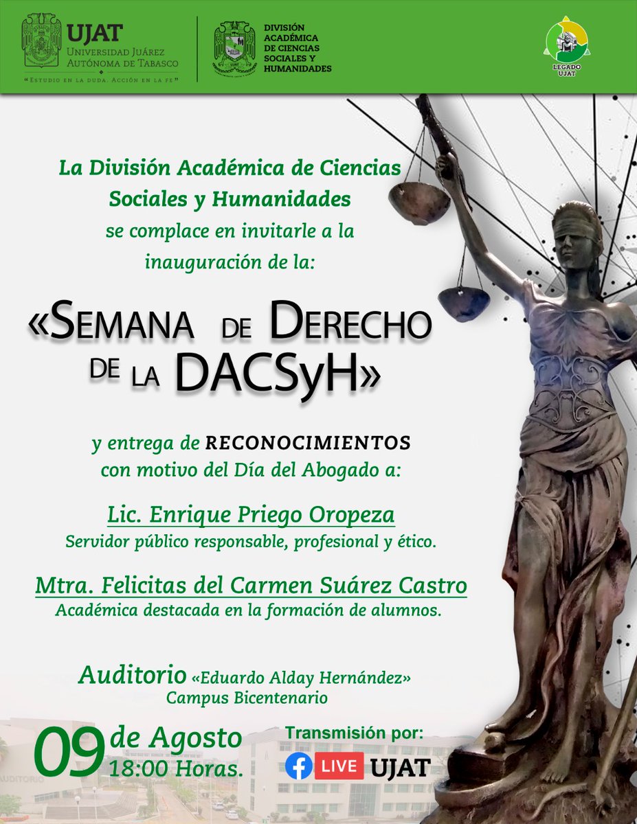 UJAT's tweet photo. En el marco del Día del Abogado, la UJAT entregará reconocimientos a distinguidos juristas y académicos. 
Acompáñanos este lunes 9 de agosto, a las 18:00 horas. https://t.co/NSxyUtGg9L