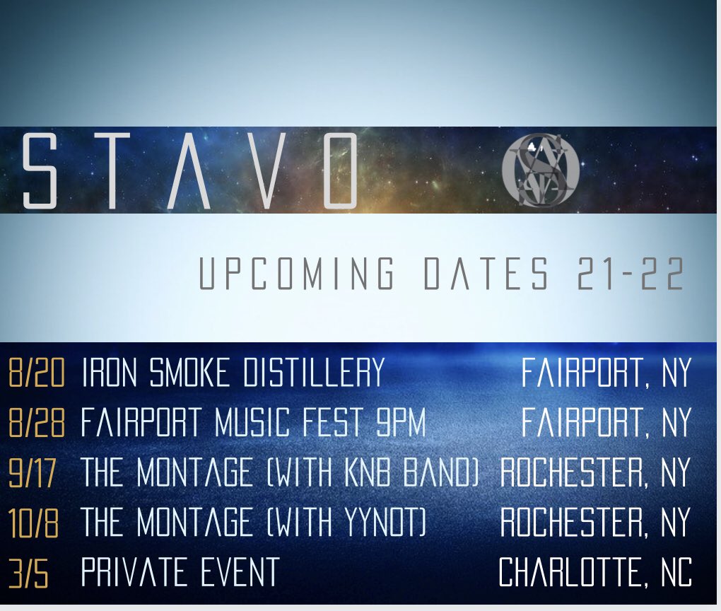stavomusic's tweet photo. Summer’s flying by!! We have some upcoming summer and fall dates!! Hope to see you!  #progROC #stavo https://t.co/DAOcCq9ohr  #livemusicisnack https://t.co/WR6Zdr0oga
