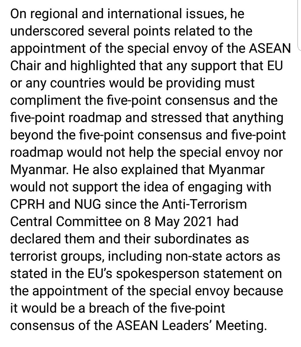 MayWongST's tweet photo. In what's seen as 1st hint #Myanmar #military will not accept any engagement between new #ASEAN special envoy &amp; civilian government @NUGMyanmar, military's foreign minister at ASEAN-#EU meeting explicitly said "would not support idea of engaging with" NUG #WhatsHappeningInMyanmar https://t.co/odgIcKZEi9