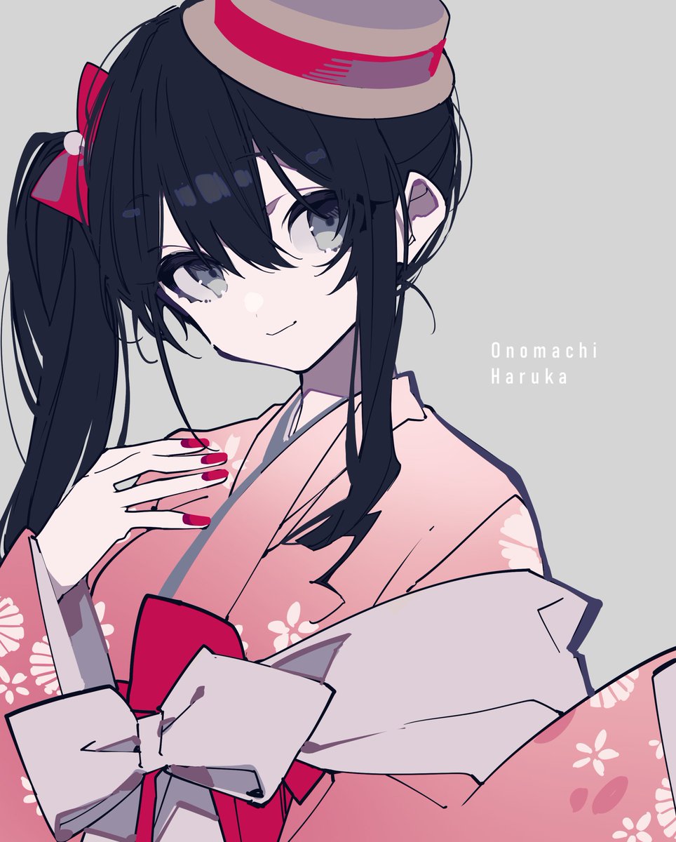 1girl solo japanese clothes kimono pink kimono side ponytail black hair  illustration images