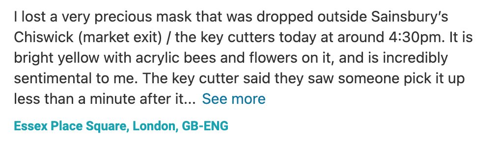 JSGTanner's tweet photo. How do you know when COVID has been going on just too long?  This was posted on Nextdoor...people are now getting sentimental about their facemasks. https://t.co/CIORCFBeed