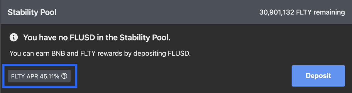 The Stability Pool helps to maintain the entire system. Users can deposit $FLUSD to the Stability Pool to get BNB gains (through liquidations of risky troves) and $FLTY rewards as incentives. Current APR: 45% fluity.finance #Fluity #DeFi #BSC #Crypto