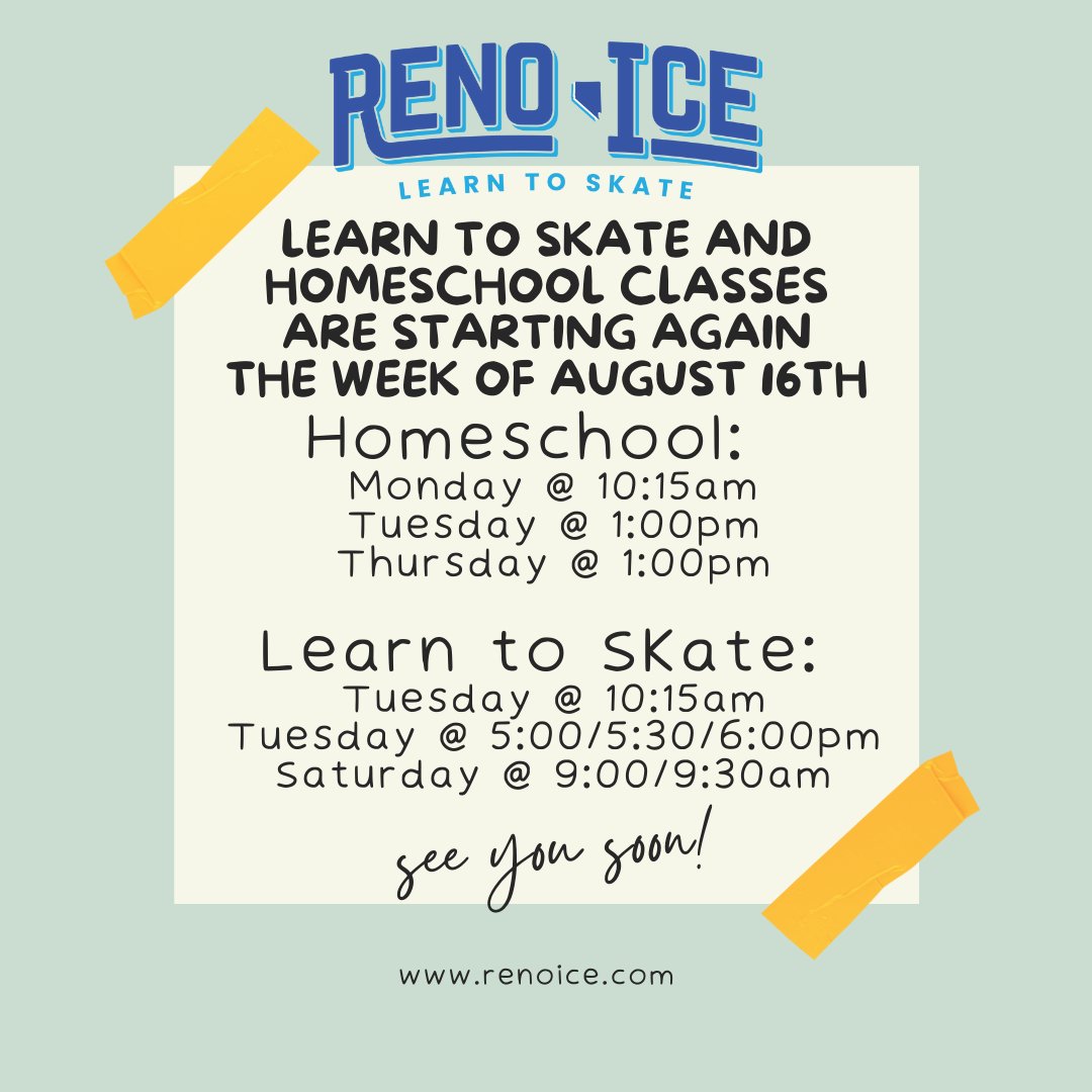Reno_Ice's tweet photo. Learn To Skate and Homeschool classes are starting again the week of August 16th! Sign up at https://t.co/dwXcT82mGb. We look forward to seeing you on the ice! #renofigureskating #learntoskate #communityicerink #renoice #icesportsareforeveryone #renonevada #reno #renoicesports https://t.co/LDiJXzRsiA